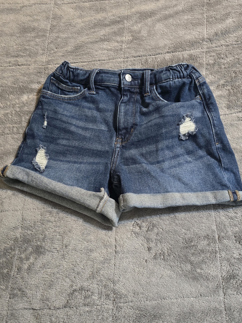 Arizona Jean Company Distressed Dark Blue Rolled-Cuff Denim Shorts